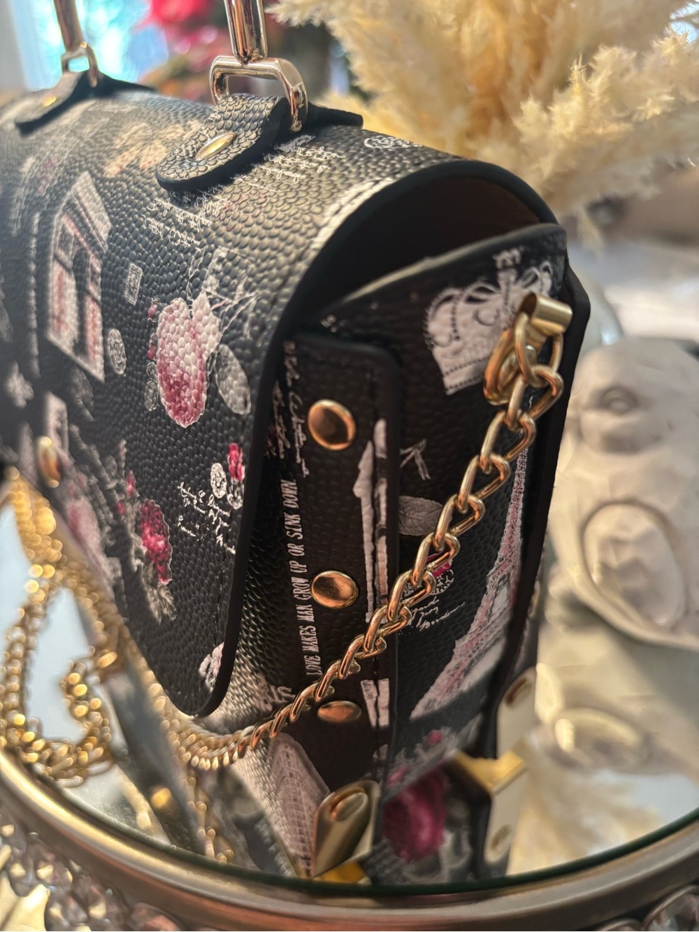 Black Paris Print Top-Handle Crossbody Bag with Gold Hardware - Picture 3 of 12